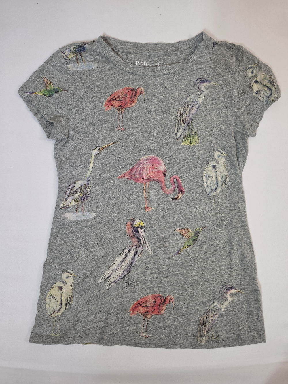 Philosophy Republic Clothing Bird Print Tee Women’s Small Gray Flamingo Heron